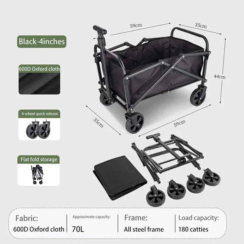 Foldable 4-wheeled cart, large capacity garden cart with wheels, heavy-duty multi-purpose grocery cart for shopping and camping
