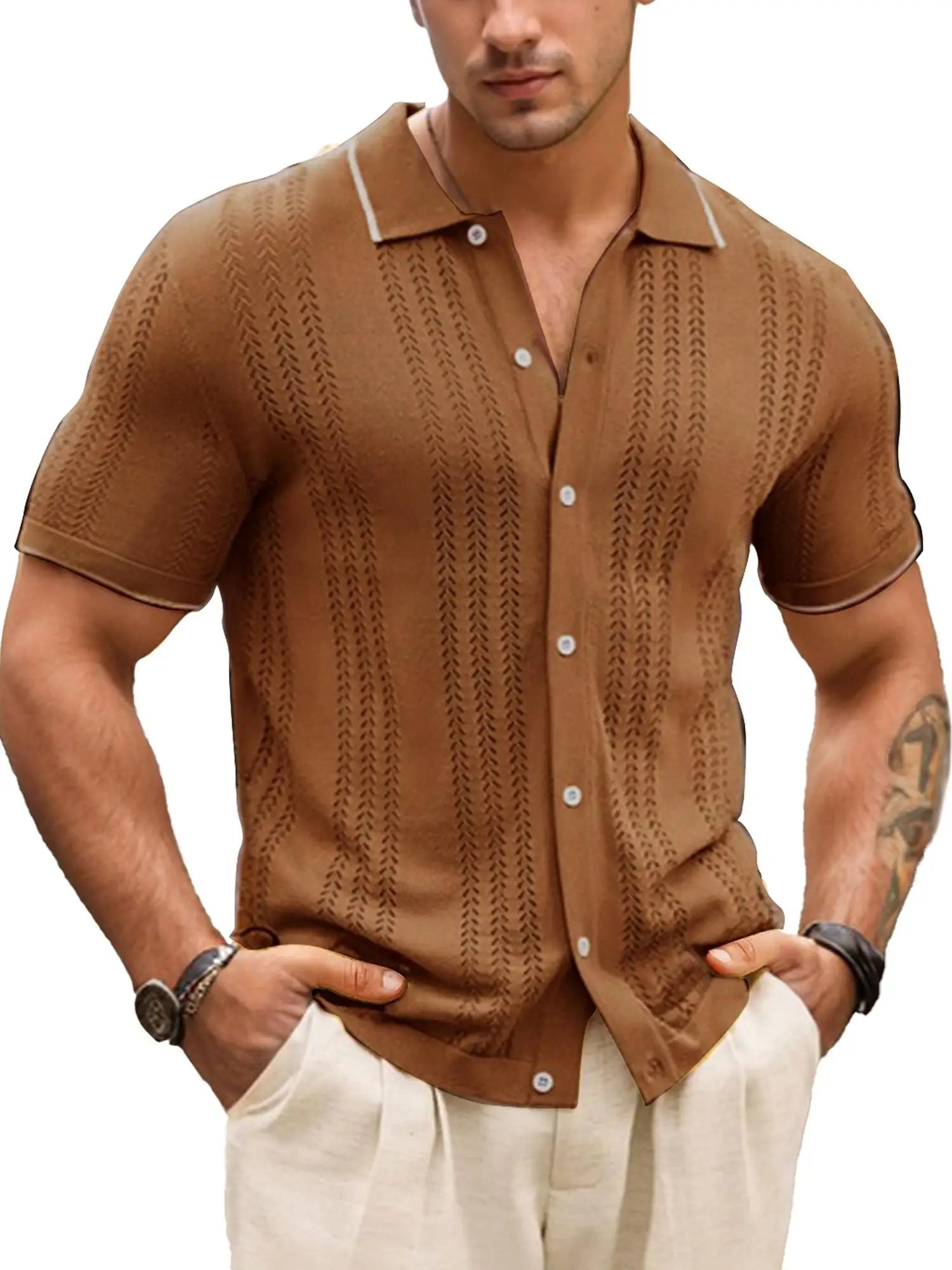 Men's Hollow Out Casual Button-Up Knit Sweater, Lightweight and Breathable, Stylish Design for Various Occasions