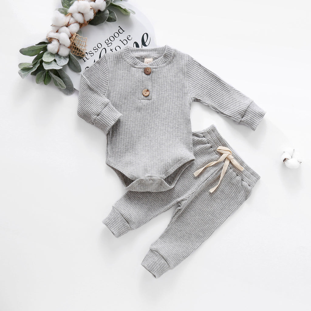Infant Baby Knit Outfits Suits Buttons O-neck Ribbed solid clothes Long Sleeve Bodysuits Romper Top + Elastic Long Pant