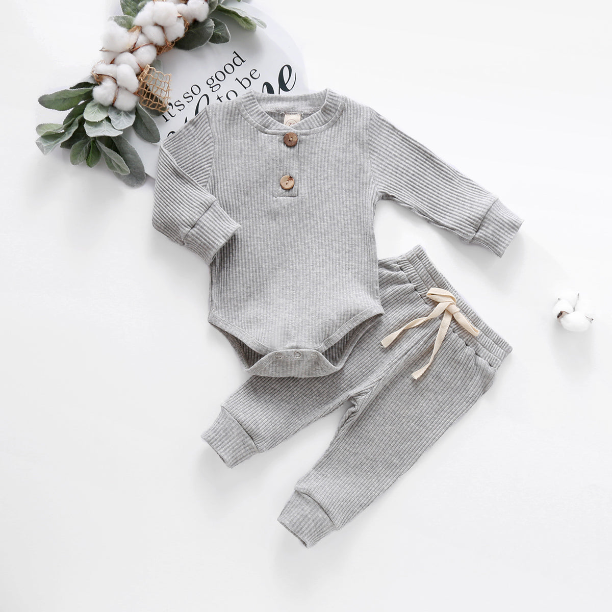 Infant Baby Knit Outfits Suits Buttons O-neck Ribbed solid clothes Long Sleeve Bodysuits Romper Top + Elastic Long Pant