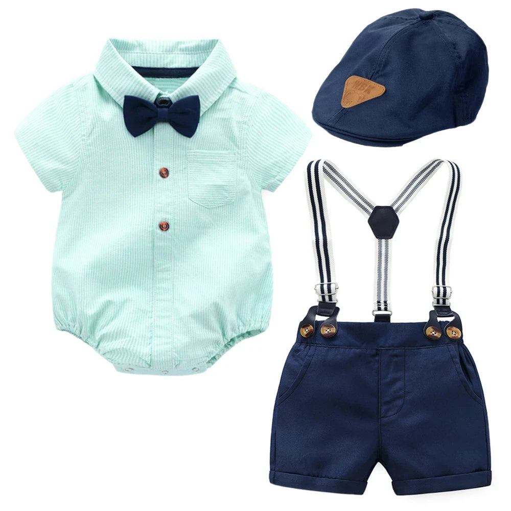 Newborn Baby Boy Clothes Suit with Hat Short Sleeves Boys Romper Outfits Cotton Set Printed Infant Kids Summer Clothing