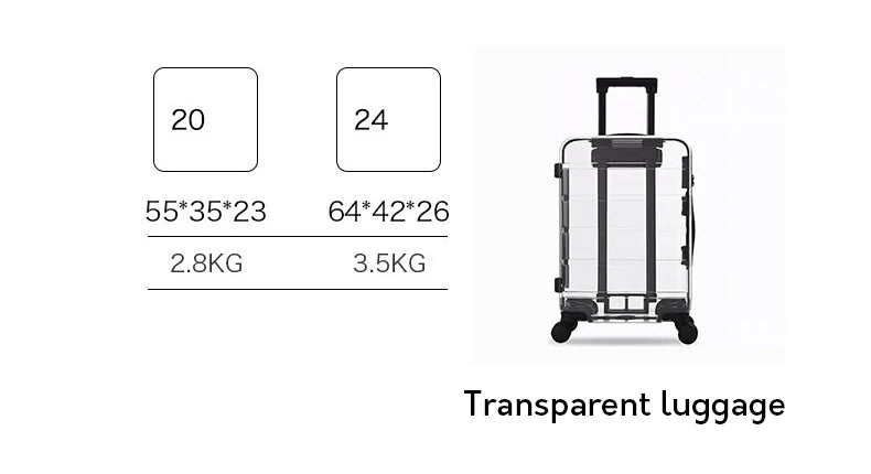 New Latest Luxury Transparent Suitcase Fashion Brand Rolling Luggage Boarding Trolley Case Men/Women Carry On Luggage Travel Box
