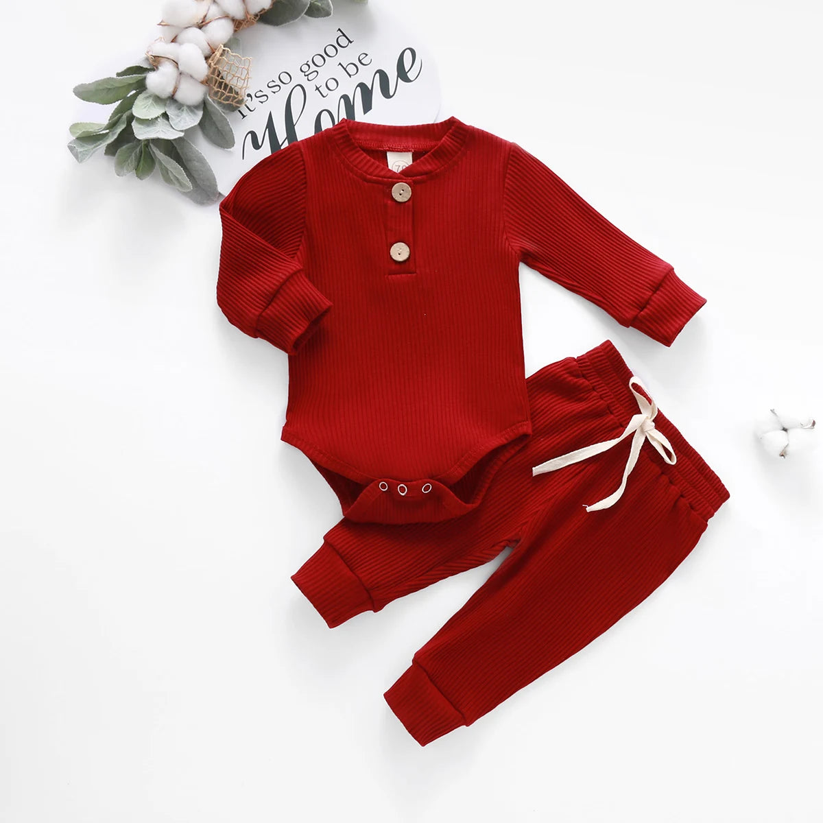 Infant Baby Knit Outfits Suits Buttons O-neck Ribbed solid clothes Long Sleeve Bodysuits Romper Top + Elastic Long Pant