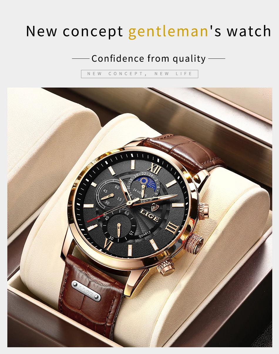 2025 New Mens Watches LIGE Top Brand Luxury Leather Casual Quartz Watch Men's Sport Waterproof Clock Watch Relogio Masculino+Box