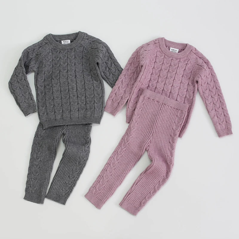 Infant Baby Boys Girls Knit Base Shirt Long Sleeve Top + Pants Clothing Sets Autumn Winter Kids Pure Color Boy Girl Suit Clothes