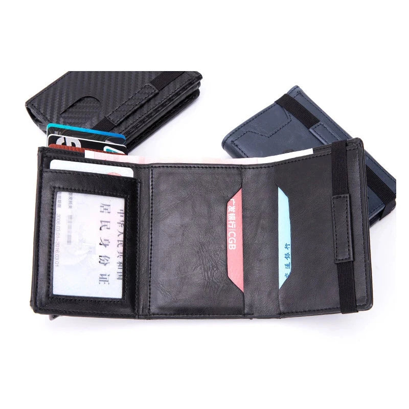 Zciti PU Leather Wallet Multifunctional Men Clutch Carbon Fiber Card Holder RFID Blocking Case Metal Box Female Bag Card Holder