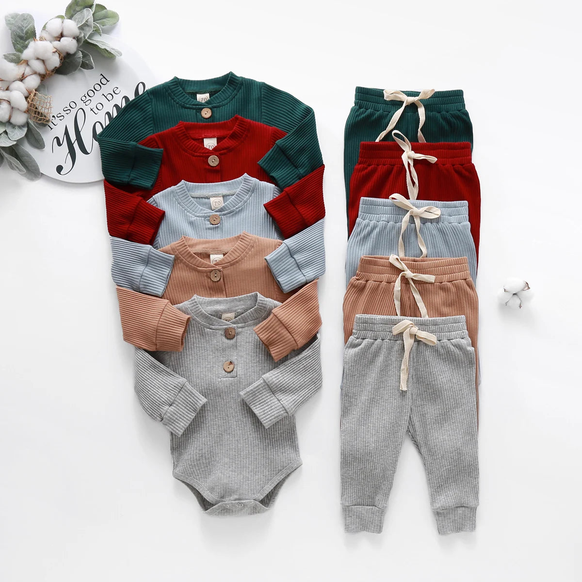 Infant Baby Knit Outfits Suits Buttons O-neck Ribbed solid clothes Long Sleeve Bodysuits Romper Top + Elastic Long Pant