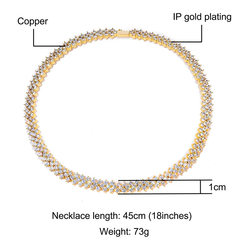 Hip Hop 10MM Bling Iced Out Rose Tennis Chain CZ Copper Setting AAA+ Cubic Zirconia Stones Chain Gold For Men Women Jewelry