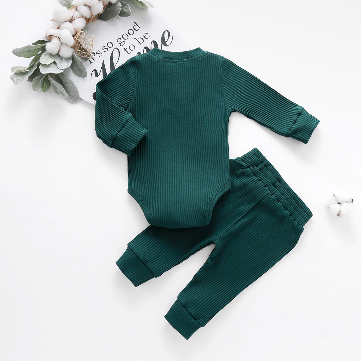 Infant Baby Knit Outfits Suits Buttons O-neck Ribbed solid clothes Long Sleeve Bodysuits Romper Top + Elastic Long Pant