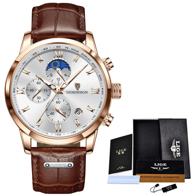 LIGE Mens Watches Top Brand Luxury Fashion Leather Waterproof Watch For Men Military Sport Quartz Chronograph Relogio Masculino