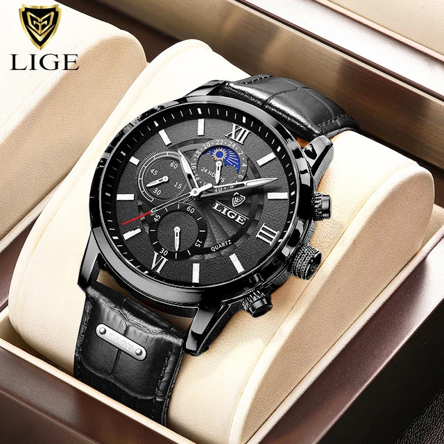 2025 New Mens Watches LIGE Top Brand Luxury Leather Casual Quartz Watch Men's Sport Waterproof Clock Watch Relogio Masculino+Box