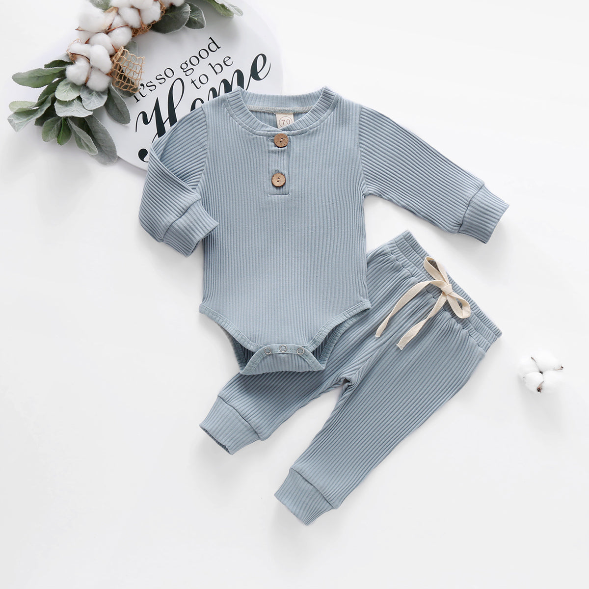 Infant Baby Knit Outfits Suits Buttons O-neck Ribbed solid clothes Long Sleeve Bodysuits Romper Top + Elastic Long Pant
