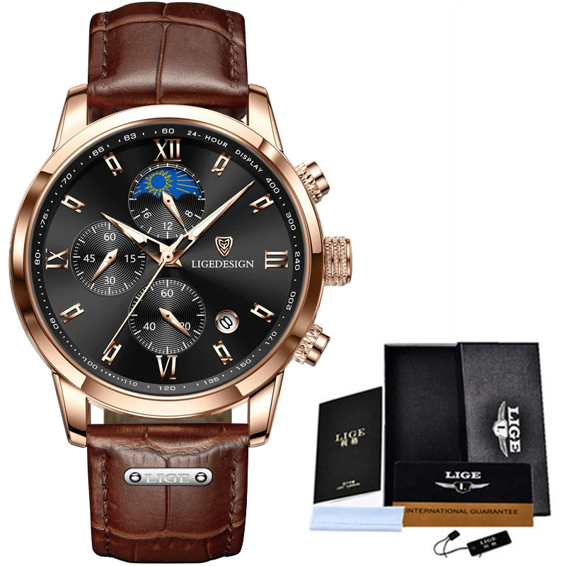 LIGE Mens Watches Top Brand Luxury Fashion Leather Waterproof Watch For Men Military Sport Quartz Chronograph Relogio Masculino