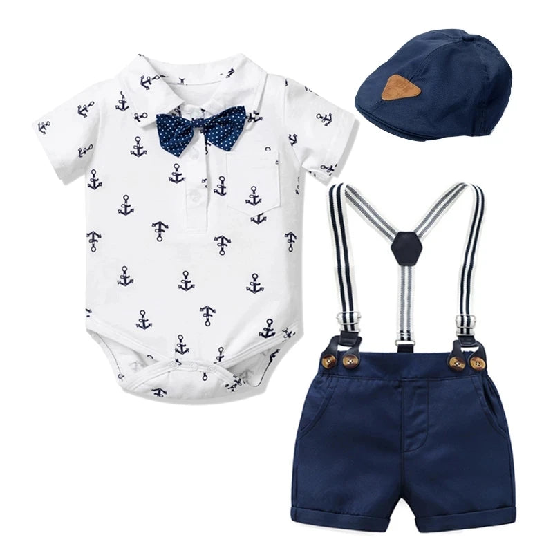 Newborn Baby Boy Clothes Suit with Hat Short Sleeves Boys Romper Outfits Cotton Set Printed Infant Kids Summer Clothing