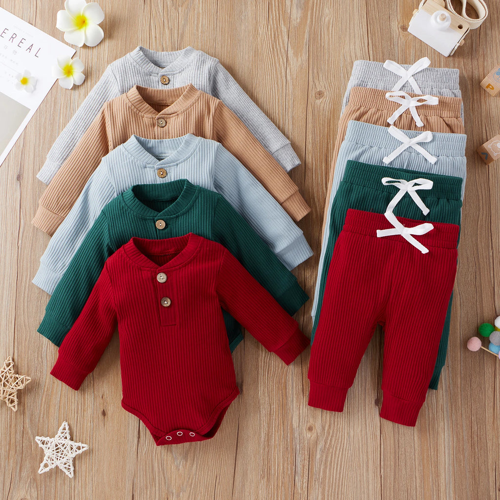 Baby Outfits Two Piece Solid Sets Infant Toddler Newborn Girls Boys Autumn Winter Baby Girl Boy Long Sleeve Romper Pants 0-24M