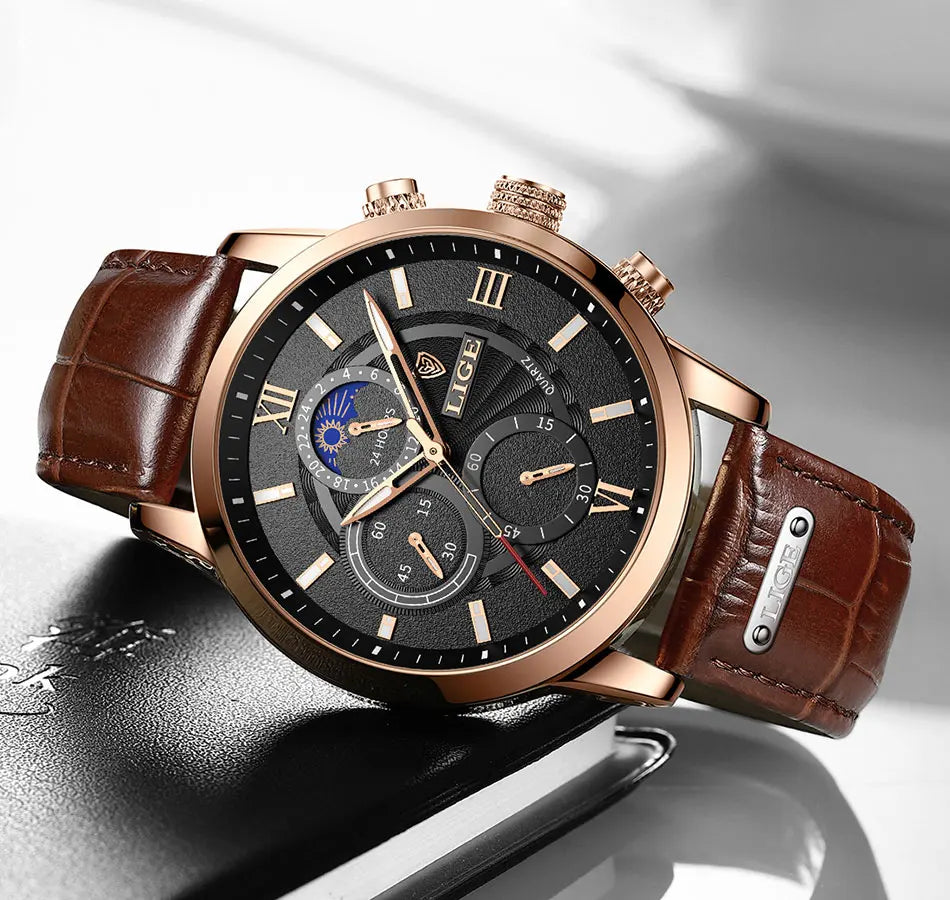 2025 New Mens Watches LIGE Top Brand Luxury Leather Casual Quartz Watch Men's Sport Waterproof Clock Watch Relogio Masculino+Box