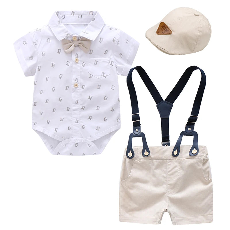Newborn Baby Boy Clothes Suit with Hat Short Sleeves Boys Romper Outfits Cotton Set Printed Infant Kids Summer Clothing
