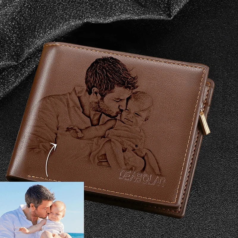 Engraving Picture Wallet DIY Customized Image Carving Text Men's  Short Slim Three Fold Leather Father's Day Zipper Coin Purse