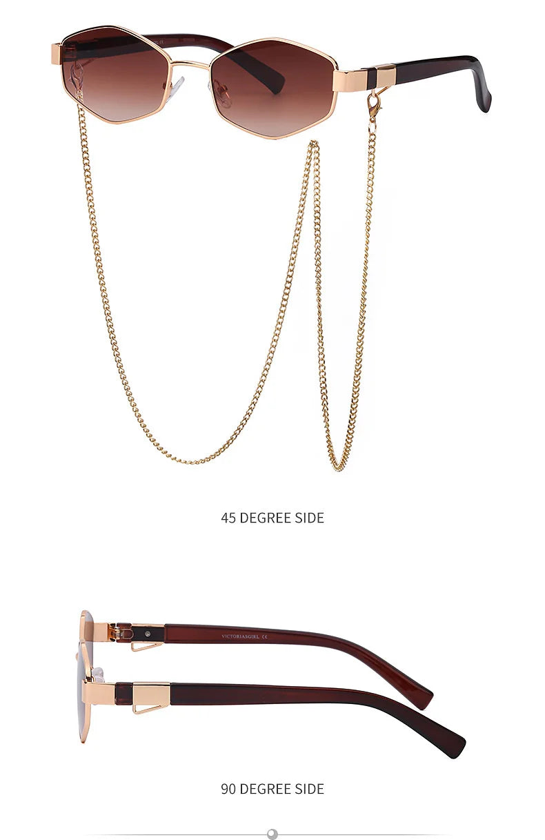 Sexy Small Frame Hexagon Sunglasses Women With Chain 2025 Luxury Brand Designer Punk Sun Glasses For Ladies Shades Gafas De Sol