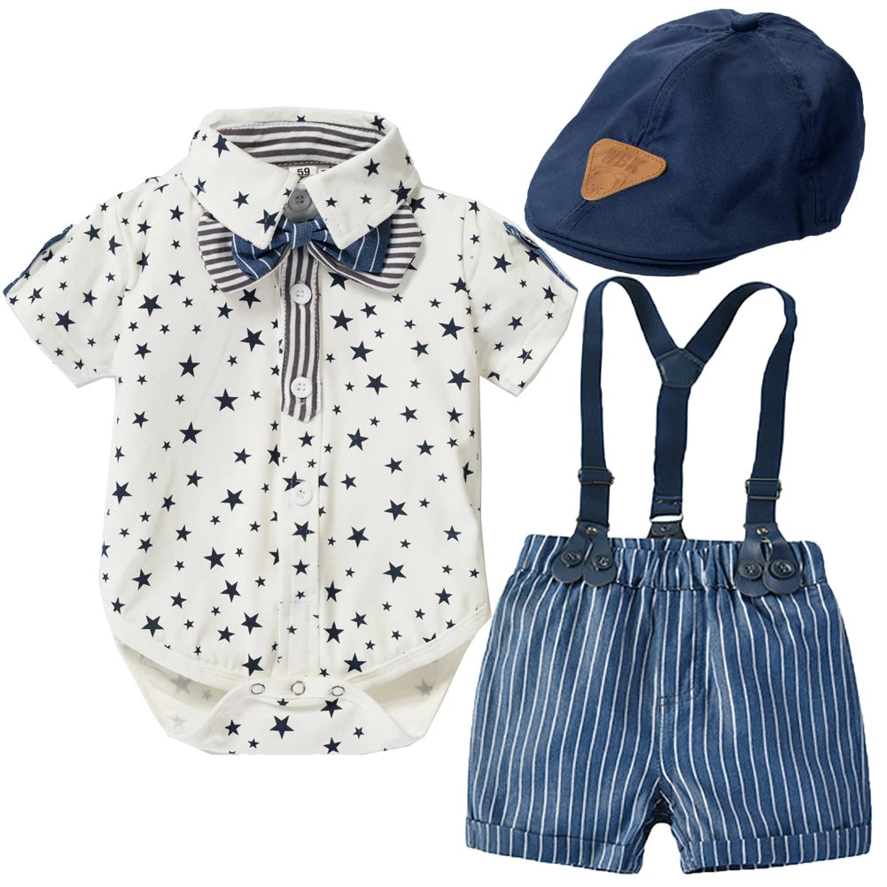 Newborn Baby Boy Clothes Suit with Hat Short Sleeves Boys Romper Outfits Cotton Set Printed Infant Kids Summer Clothing
