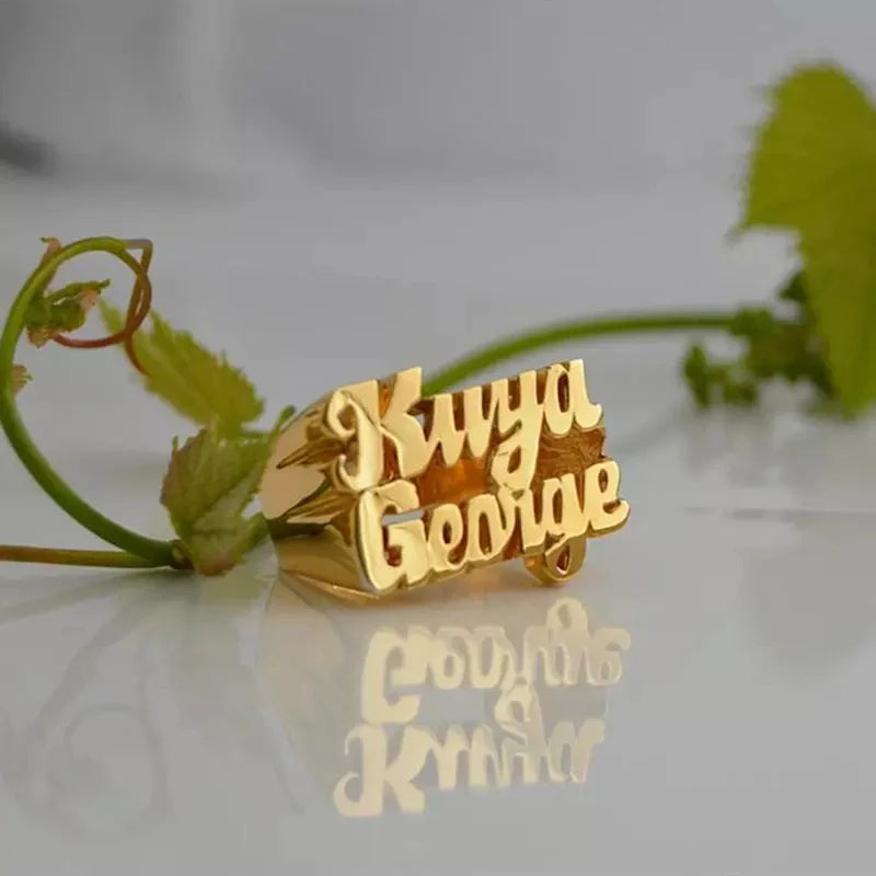 Personalized Ring Name Rings Personalized Letter Gold-Plated Personalized Carved Double Finger Name Ring