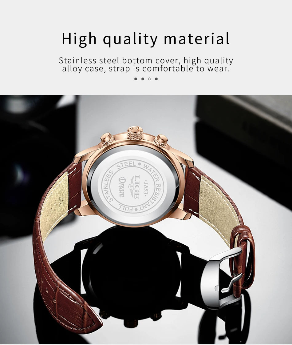 2025 New Mens Watches LIGE Top Brand Luxury Leather Casual Quartz Watch Men's Sport Waterproof Clock Watch Relogio Masculino+Box