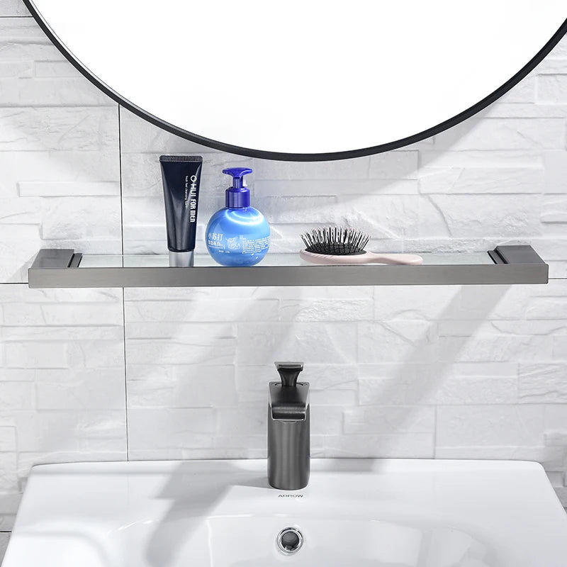 Bathroom Wall Shelf with Rectangle Tempered Glass Stainless Steel Wall Mount Glass Square Shelves Kitchen Organizer Rack Black