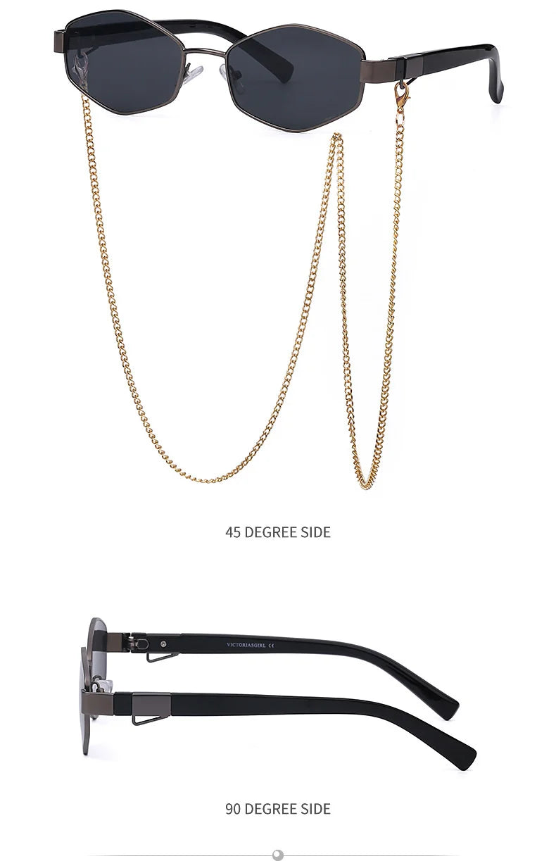 Sexy Small Frame Hexagon Sunglasses Women With Chain 2025 Luxury Brand Designer Punk Sun Glasses For Ladies Shades Gafas De Sol