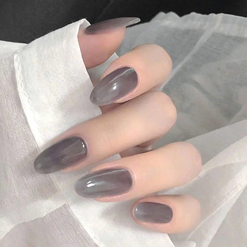 24pcs/box False Nails With Glue Mid-length Round Head Vintage Wine Red Fashion Artificial Nail Press On Fake Nail Art Decoration