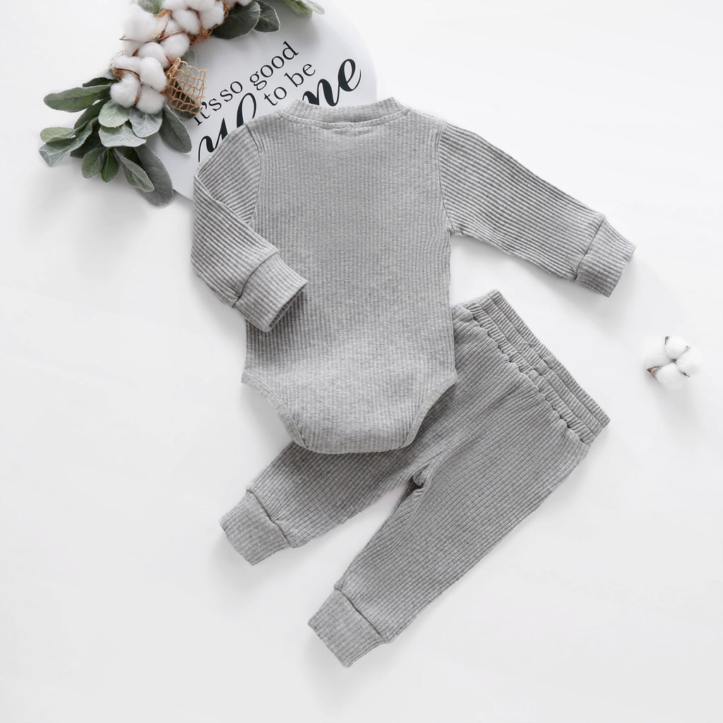 Infant Baby Knit Outfits Suits Buttons O-neck Ribbed solid clothes Long Sleeve Bodysuits Romper Top + Elastic Long Pant