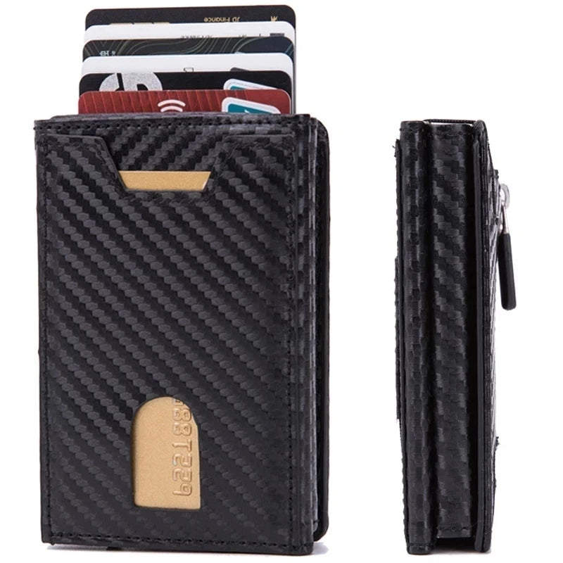 Zciti PU Leather Wallet Multifunctional Men Clutch Carbon Fiber Card Holder RFID Blocking Case Metal Box Female Bag Card Holder