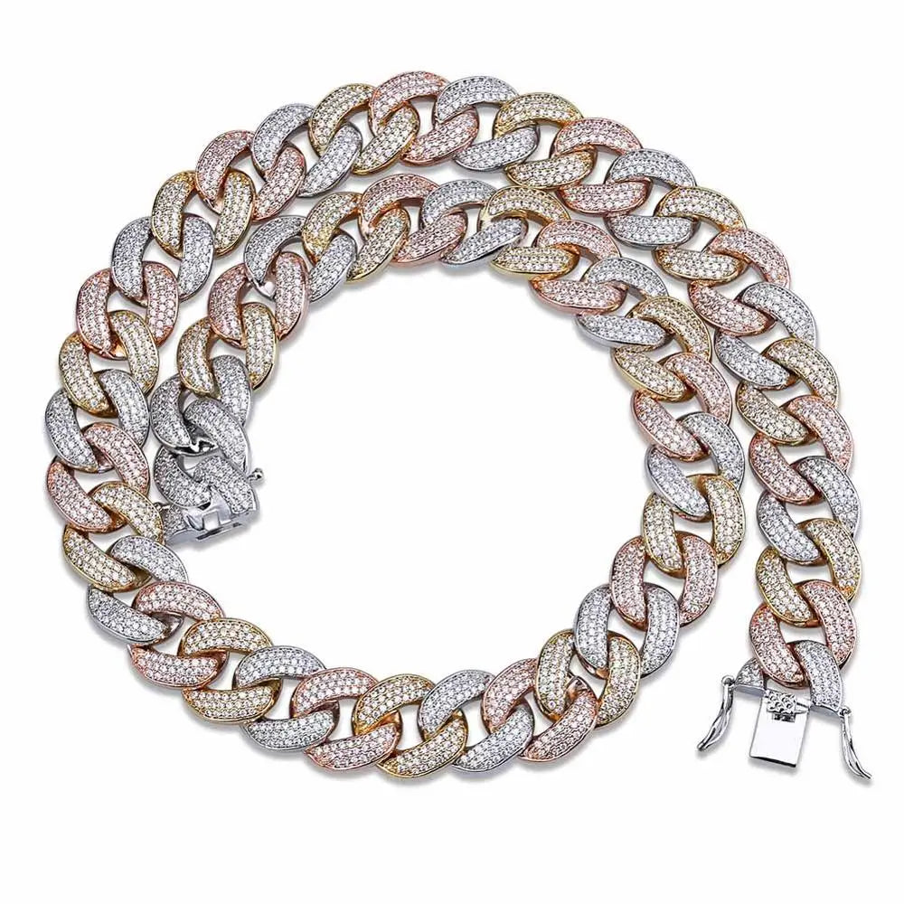 JINAO New 18MM Maimi Cuban Link Chain Necklace &Rose Color Iced Out Cubic Zircon Hip Hop Jewelry For Men Women Gift