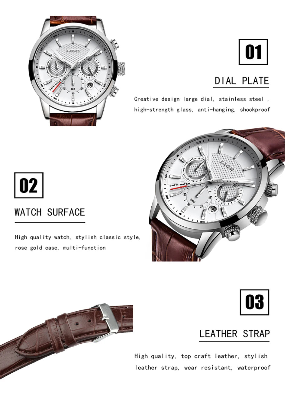 2025 New Mens Watches LIGE Top Brand Luxury Leather Casual Quartz Watch Men's Sport Waterproof Clock Watch Relogio Masculino+Box