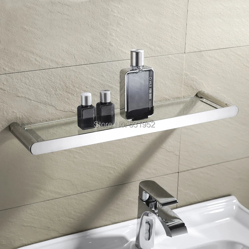 Bathroom Wall Shelf with Rectangle Tempered Glass Stainless Steel Wall Mount Glass Square Shelves Kitchen Organizer Rack Black