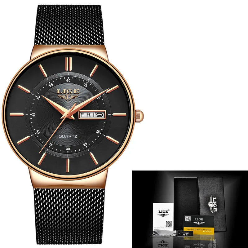 Relogio Masculino 2024 LIGE New Mens Watches Top Brand Luxury Ultra Thin Quartz Watch Men Steel Mesh Strap Waterproof Gold Watch