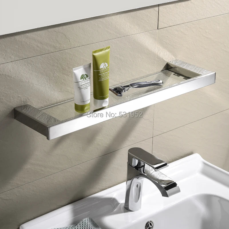 Bathroom Wall Shelf with Rectangle Tempered Glass Stainless Steel Wall Mount Glass Square Shelves Kitchen Organizer Rack Black