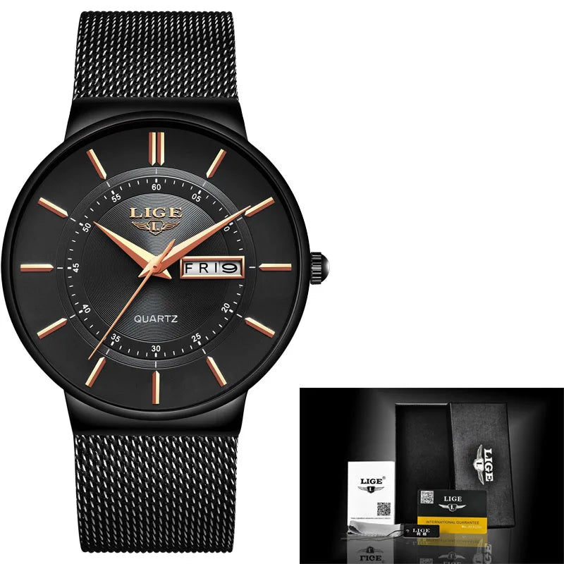 Relogio Masculino 2024 LIGE New Mens Watches Top Brand Luxury Ultra Thin Quartz Watch Men Steel Mesh Strap Waterproof Gold Watch