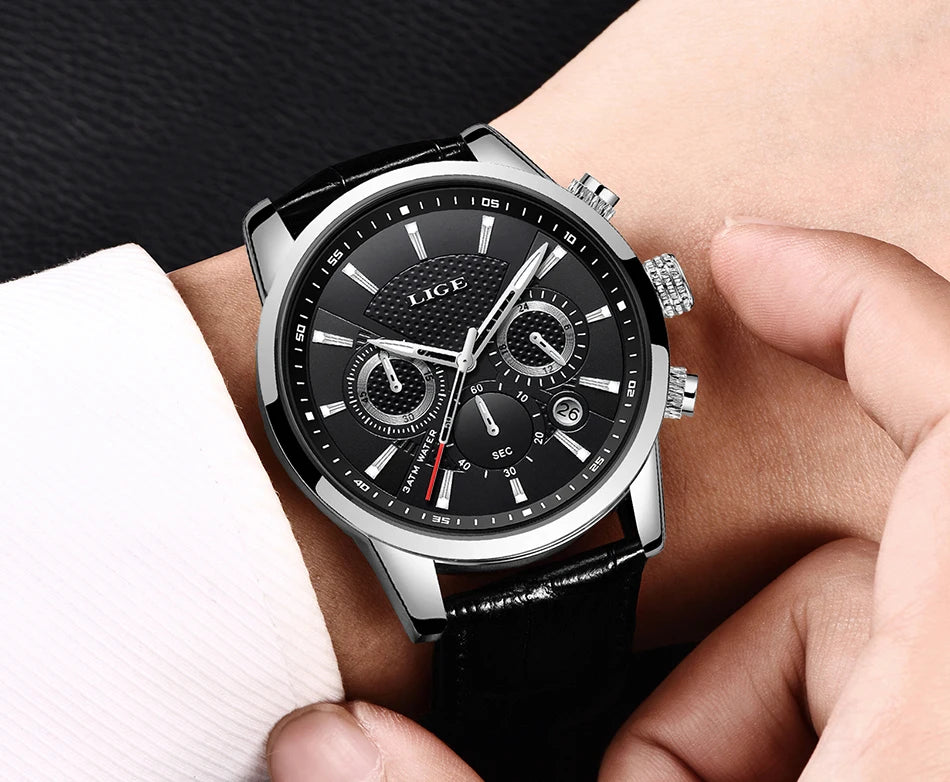 2025 New Mens Watches LIGE Top Brand Luxury Leather Casual Quartz Watch Men's Sport Waterproof Clock Watch Relogio Masculino+Box