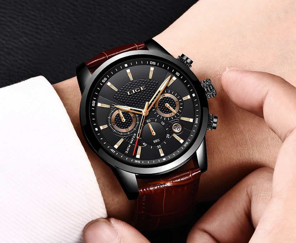 2025 New Mens Watches LIGE Top Brand Luxury Leather Casual Quartz Watch Men's Sport Waterproof Clock Watch Relogio Masculino+Box