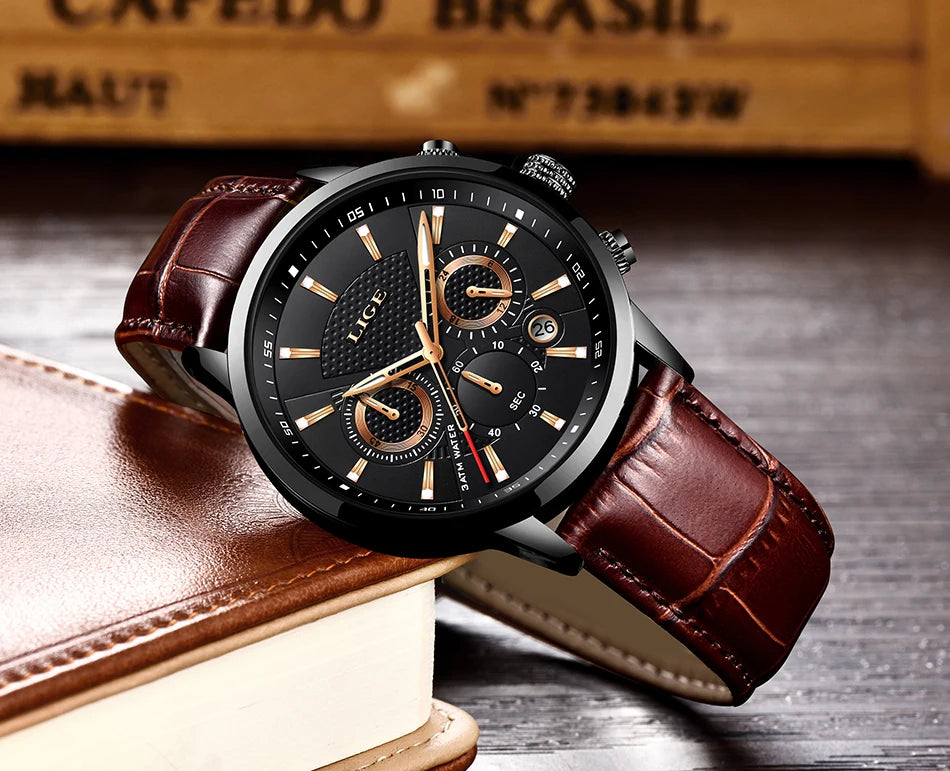2025 New Mens Watches LIGE Top Brand Luxury Leather Casual Quartz Watch Men's Sport Waterproof Clock Watch Relogio Masculino+Box