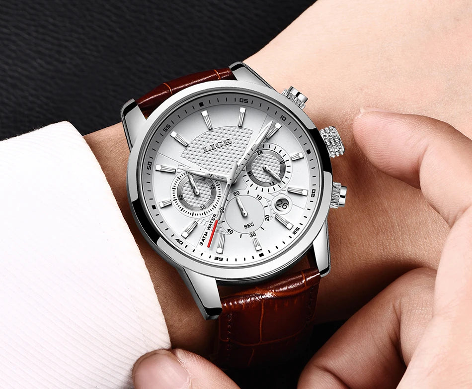 2025 New Mens Watches LIGE Top Brand Luxury Leather Casual Quartz Watch Men's Sport Waterproof Clock Watch Relogio Masculino+Box
