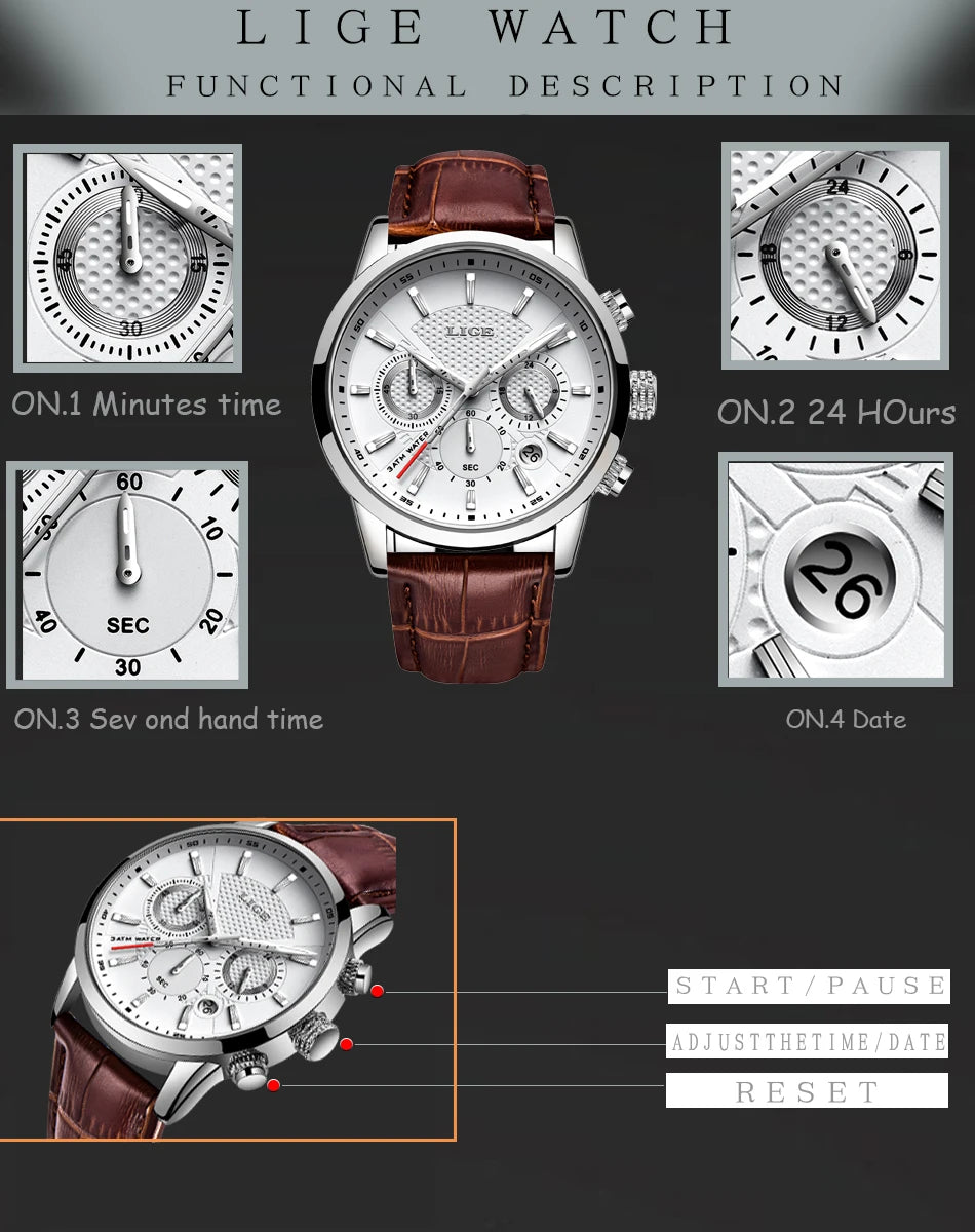 2025 New Mens Watches LIGE Top Brand Luxury Leather Casual Quartz Watch Men's Sport Waterproof Clock Watch Relogio Masculino+Box