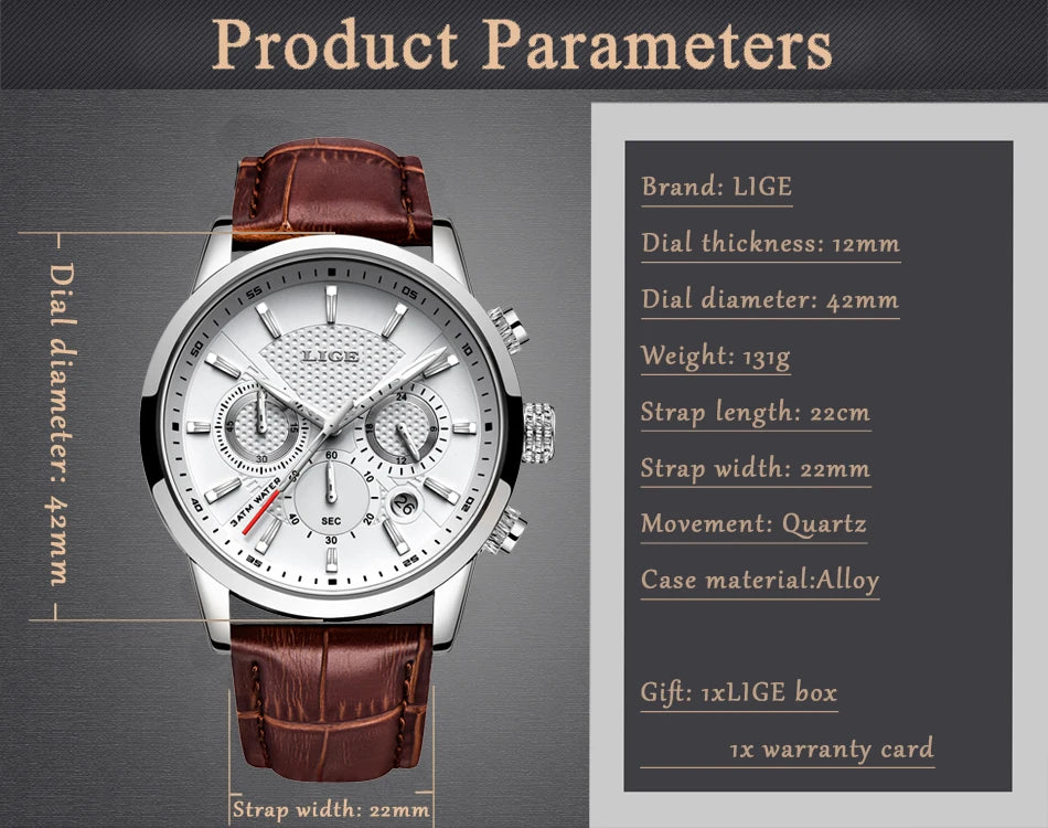 2025 New Mens Watches LIGE Top Brand Luxury Leather Casual Quartz Watch Men's Sport Waterproof Clock Watch Relogio Masculino+Box
