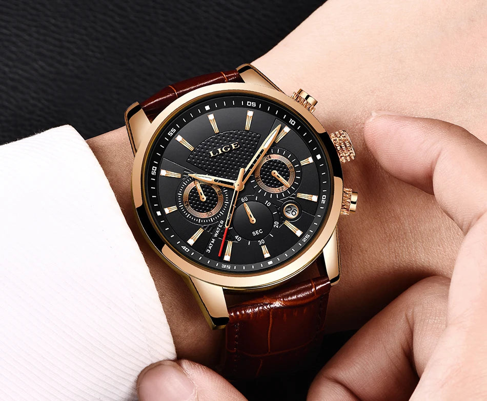 2025 New Mens Watches LIGE Top Brand Luxury Leather Casual Quartz Watch Men's Sport Waterproof Clock Watch Relogio Masculino+Box