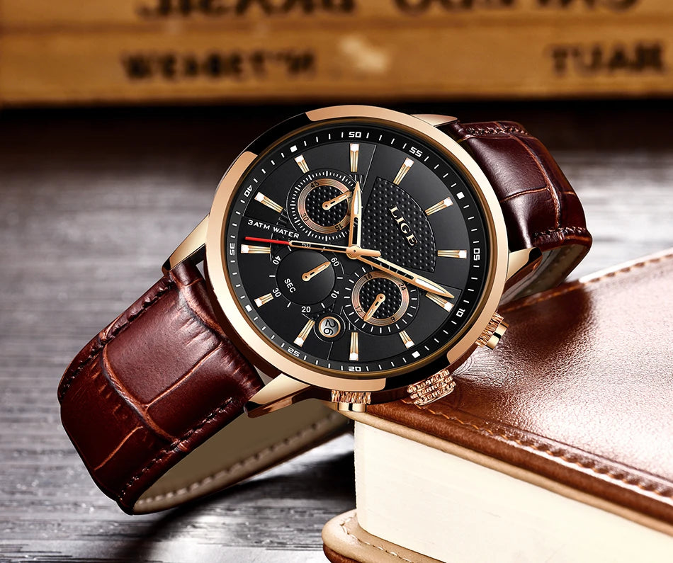 2025 New Mens Watches LIGE Top Brand Luxury Leather Casual Quartz Watch Men's Sport Waterproof Clock Watch Relogio Masculino+Box