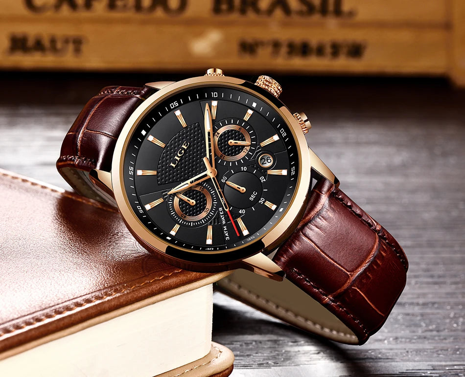 2025 New Mens Watches LIGE Top Brand Luxury Leather Casual Quartz Watch Men's Sport Waterproof Clock Watch Relogio Masculino+Box