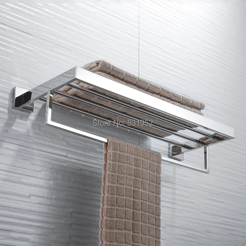 23 Inch Bathroom Double Towel Rail Rack Bar Shelf Wall Mounted Stainless Steel Polished Towel Storage Rack Shelf