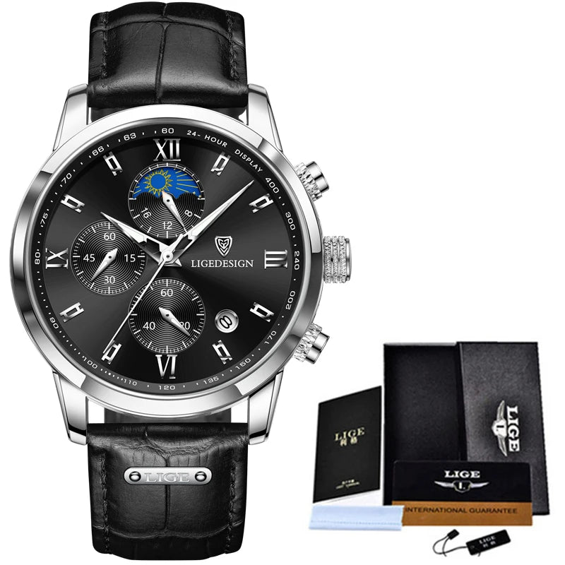 LIGE Mens Watches Top Brand Luxury Fashion Leather Waterproof Watch For Men Military Sport Quartz Chronograph Relogio Masculino