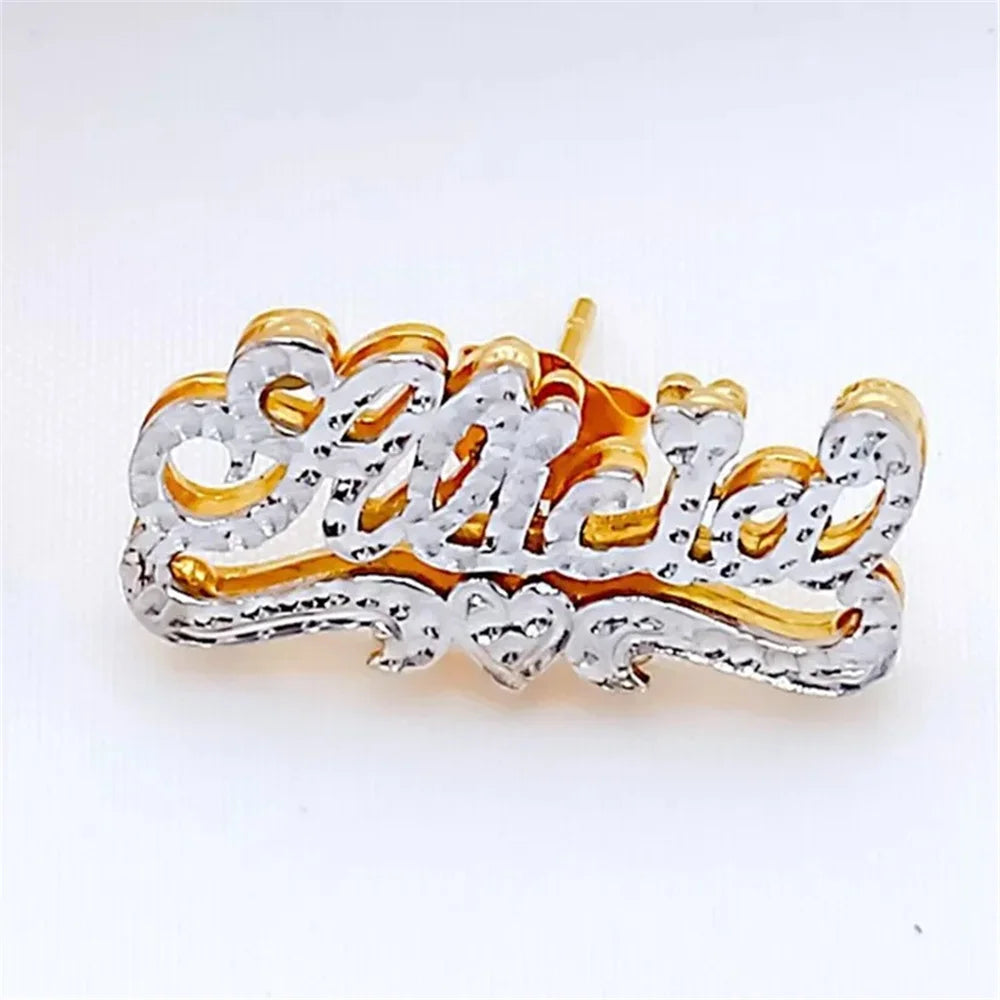 Double Layer Nameplate Earrings Personalized Custom Name Two-Color Ear Studs For Women Letter Name Earrings