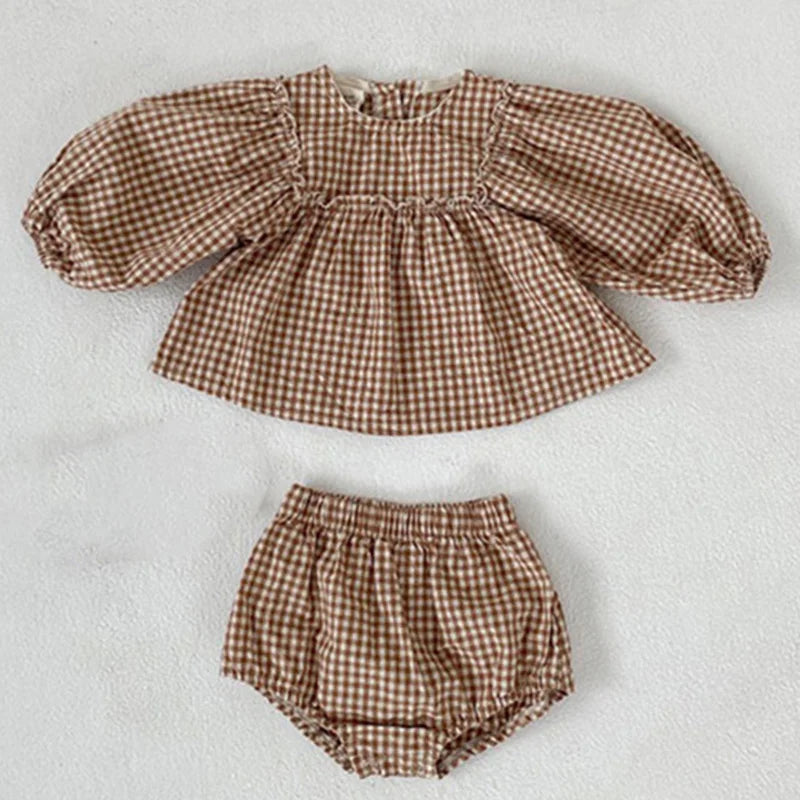 Baby Girls Suit 2022 Baby Girls Clothes Little Plaid Infant Girls Clothes Set Puff Sleeve Blouse + Bloomer 2pcs Toddler Clothes